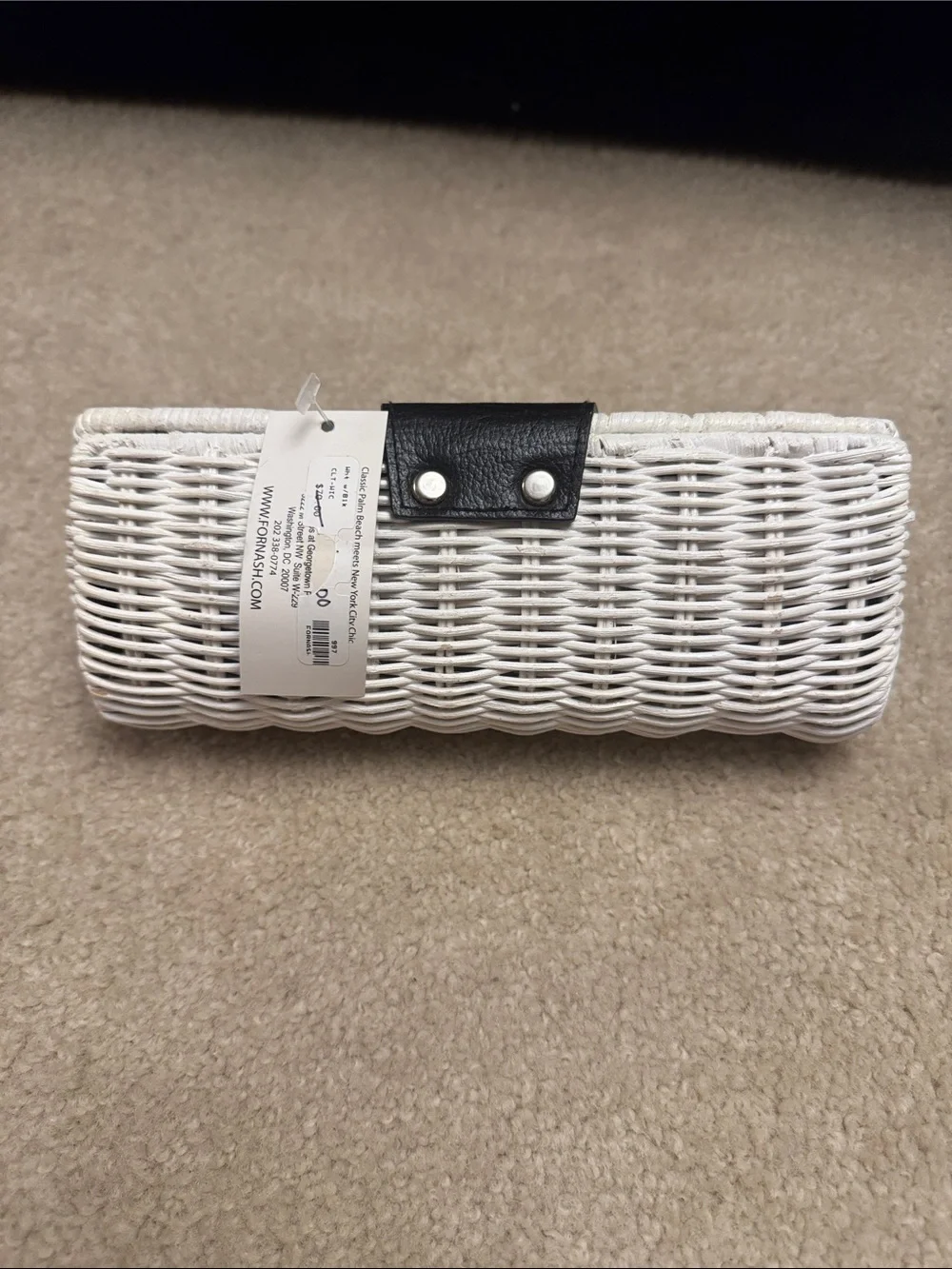 White Woven Cosmetic Case with Black Leather Trim
